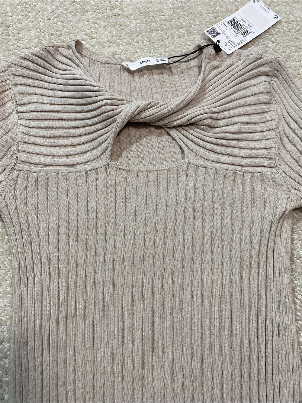 Mango Cream Ribbed Twist Keyhole Long Sleeve Top Size S Shell Viscose - Picture 10 of 11